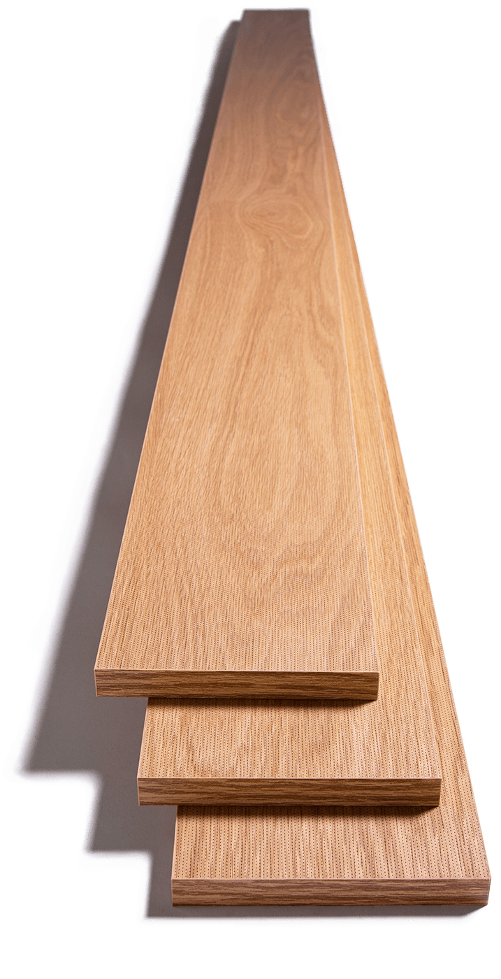 Three stacked white oak acoustic planks
